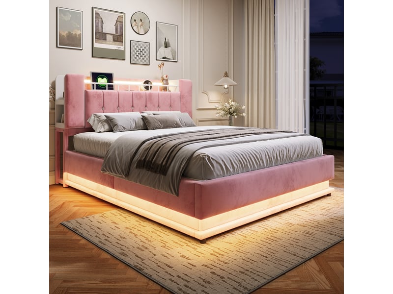 Lit coffre 160 x 200 cm avec rangement hydraulique, led et usb, lit double rembourré en velours rose avec rangement intégré dans la tête de lit - Conforama B
