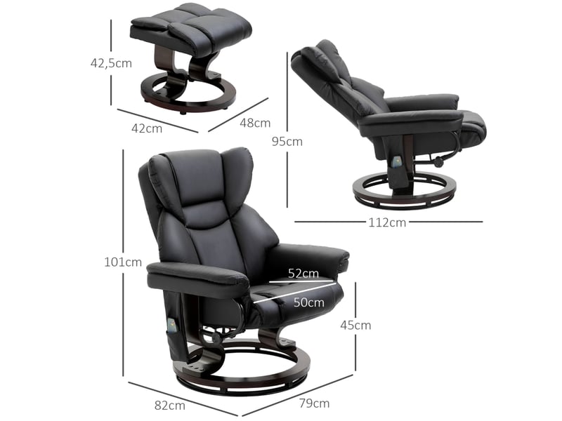  Fauteuil relax massant inclinable,79x82x101 cm,avec repose-pieds,similicuir,noir  - Conforama C