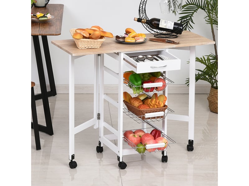  Chariot de service desserte de cuisine à multi-rangements roulettes 3 paniers blanc chêne clair  - Conforama D
