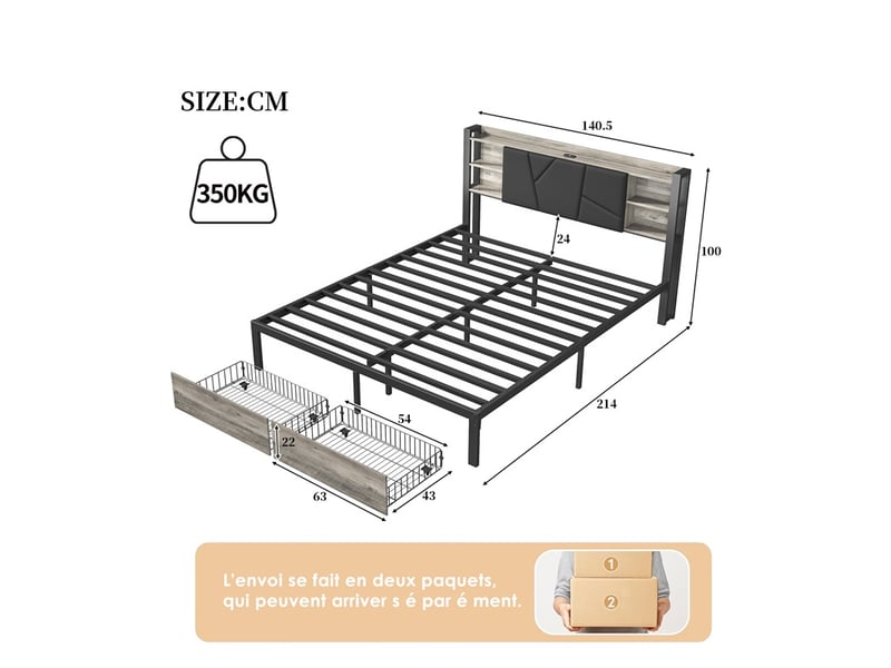  Lit 140x200cm - lit double 140x200cm - lit avec tête de lit led rgb, station de charge et 2 tiroirs - noir et bois vintage  - Conforama E