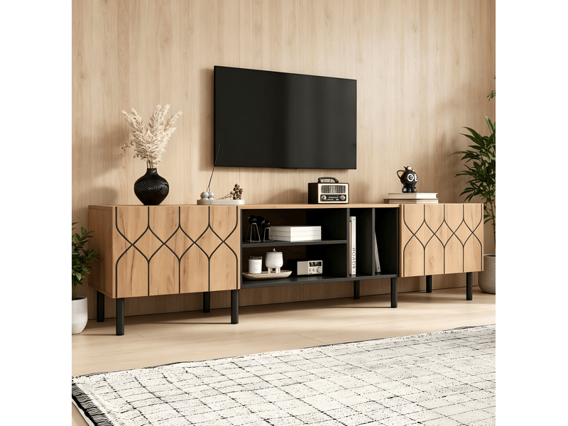  Meuble tv avec 2 portes sans poignées, 4 niches et passe-câbles pour salon, noir et bois naturel, 180 × 40 × 50 cm  - Conforama B