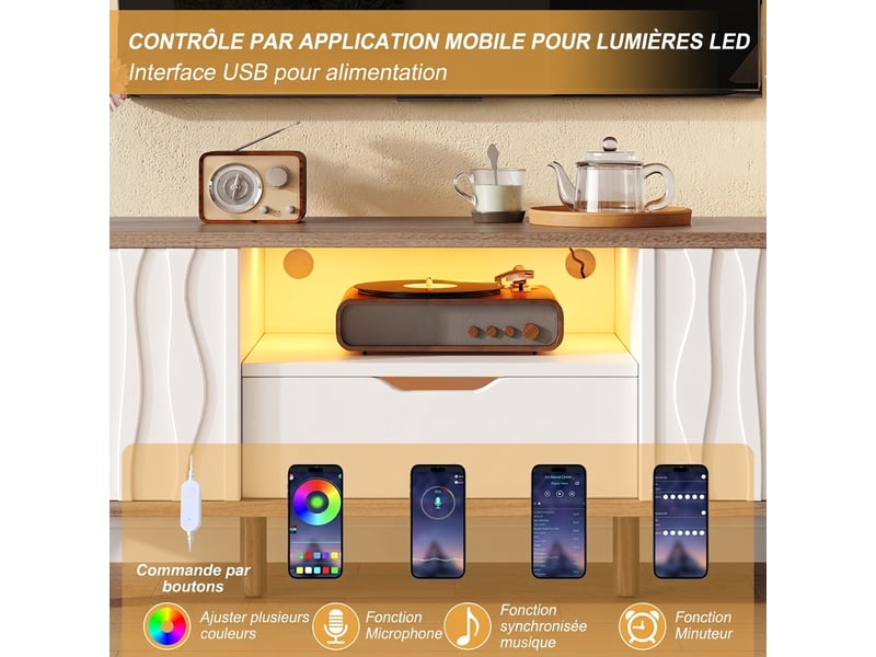  Meuble tv blanc et noyer 160 cm avec led et portes coulissantes, pour tv jusqu'à 70 pouces  - Conforama D