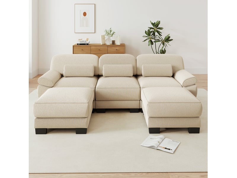 Canapé modulable en u 3 places 265x161x94 cm avec 2 poufs, assise profonde, coussin lombaire épais, velours côtelé beige - Conforama B