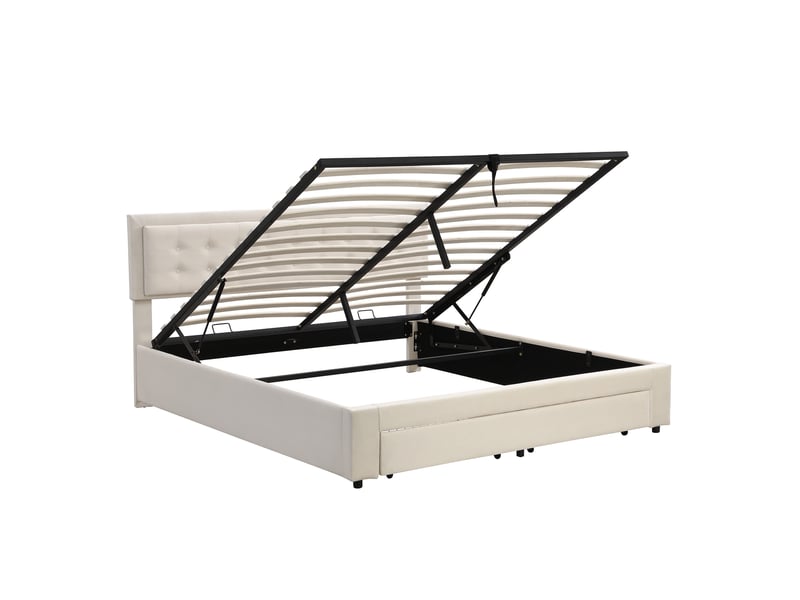  Lit double rembourré 180x200 cm avec coffre et tiroirs de rangement, lit avec sommier à lattes et grand espace de stockage, velours, beige Seren Glow - Conforama A