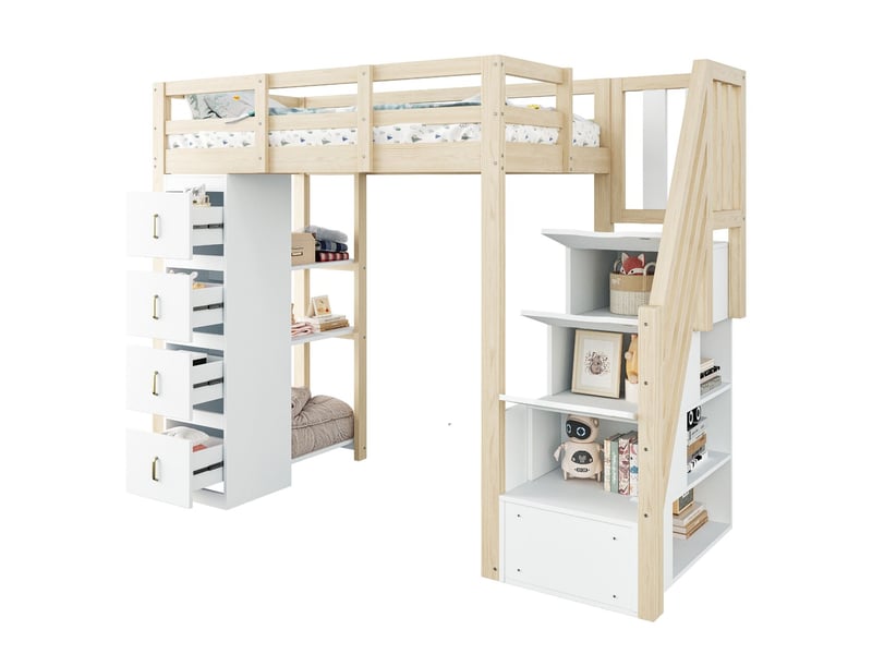  Lit mezzanine 90 x 200 cm échelle sécurisée lit simple tiroirs de rangement étagère à plusieurs niveaux bois massif couleur bois conception multifonctionnelle  - Conforama D