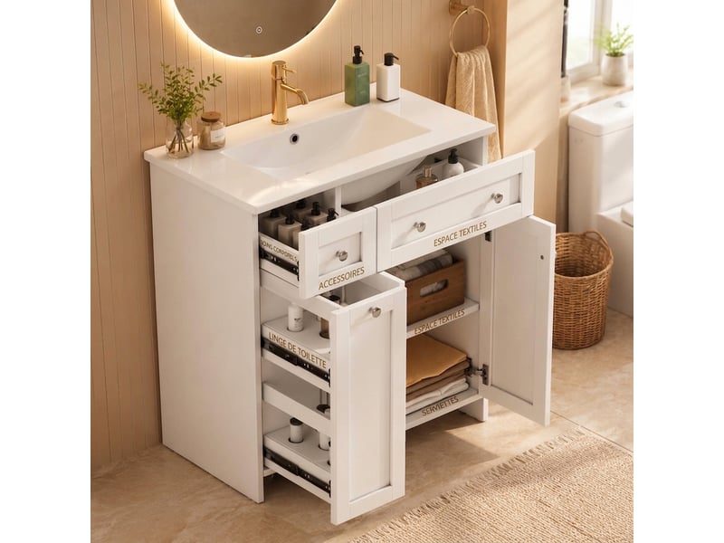 Meuble salle de bain sur pied 76x47x86 cm vasque en céramique blanc laqué  - Conforama D