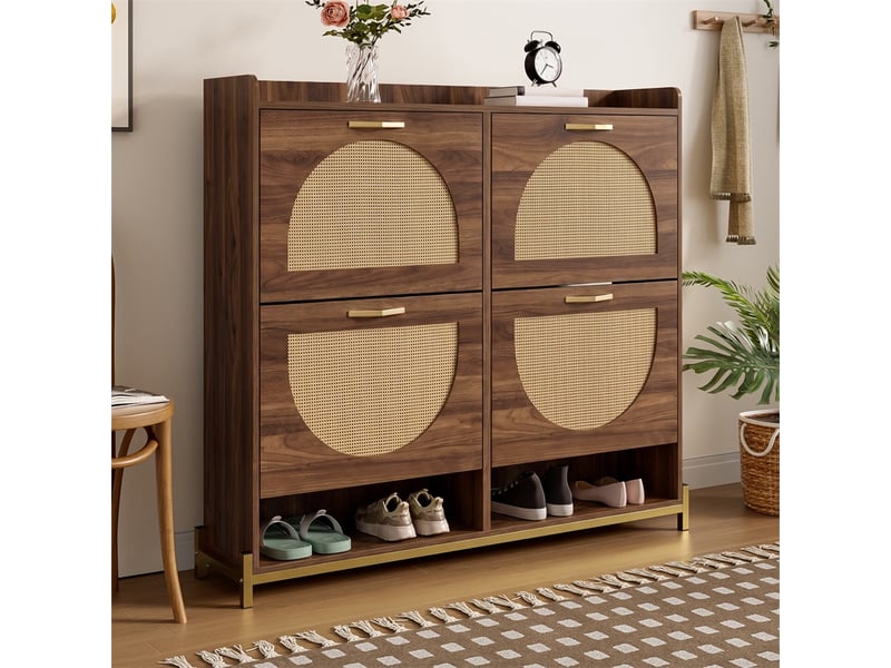  Meuble à chaussures 108.5x24x100cm - meuble d'entrée 4 portes en rotin arqué, poignées et pieds métal - noyer  - Conforama D