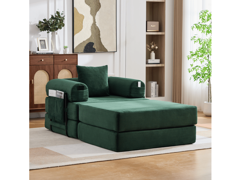  Fauteuil 1 place modulable avec pouf en velours côtelé vert émeraude  - Conforama D
