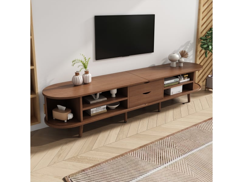  Meuble tv 170x40x42 cm mdf effet bois – 2 tiroirs, plateau rond, portes télescopiques, noyer, compatible 75 pouces  - Conforama D