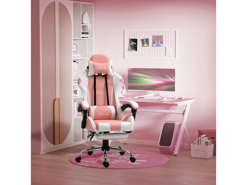  Fauteuil de jeu ergonomique avec appui-tête, coussin lombaire massant, repose-pieds, pivotant, accoudoirs intégrés, fonction bascule, rose  - Conforama D