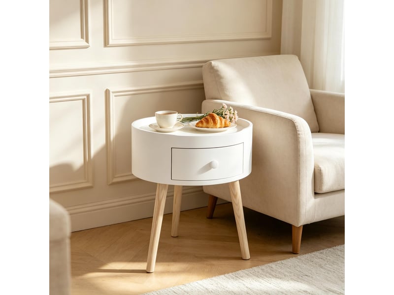  Table d’appoint ronde avec tiroir, meuble de rangement compact, design moderne  - Conforama B