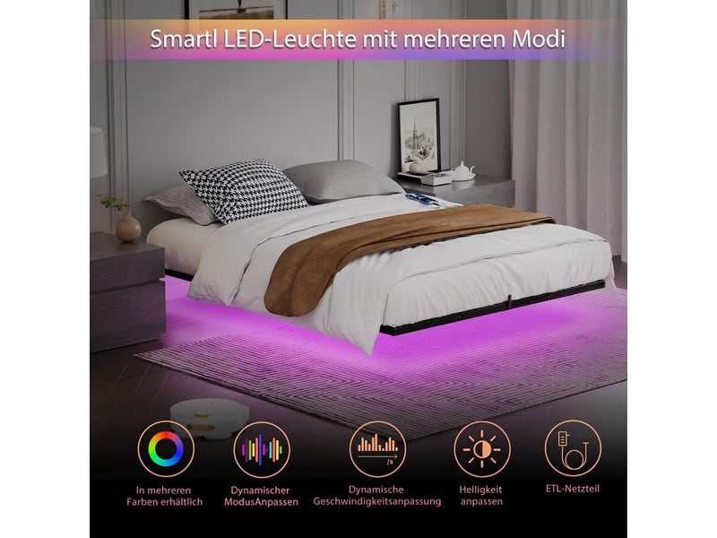  Lit flottant 160x200 cadre de lit métal noir avec éclairage led et station de charge usb  - Conforama D