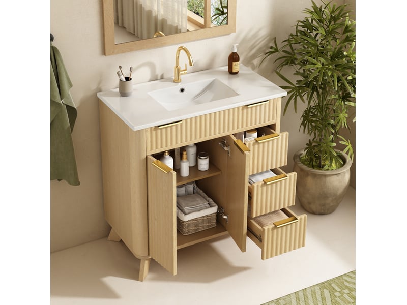 Meuble sous vasque avec 3 tiroirs et 2 portes à fermeture douce, en mdf naturel, pour salle de bain 81 × 47 × 90 cm - Conforama B