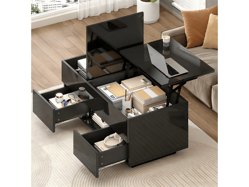 Table basse relevable avec éclairage led 100x45cm - rangement caché et deux tiroirs - Conforama W