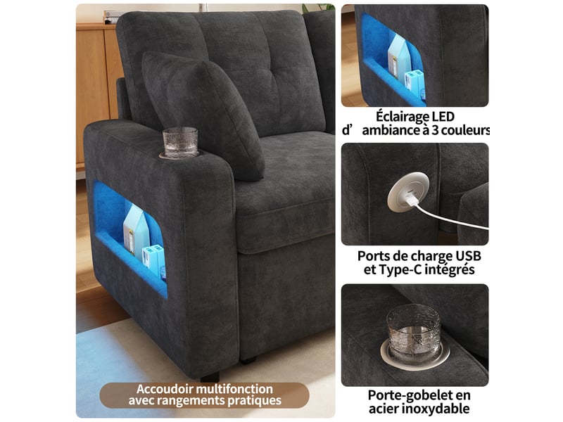  Canapé convertible 2 places avec couchage, ports usb et usb-c, led, rangements et porte-gobelets en chenille gris  - Conforama E