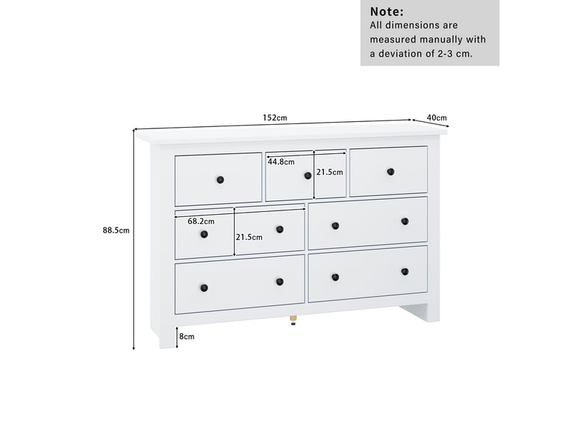 Buffet blanc avec 7 tiroirs de deux tailles, glissières de tiroir et pied central réglable, en panneau de particules - Conforama D