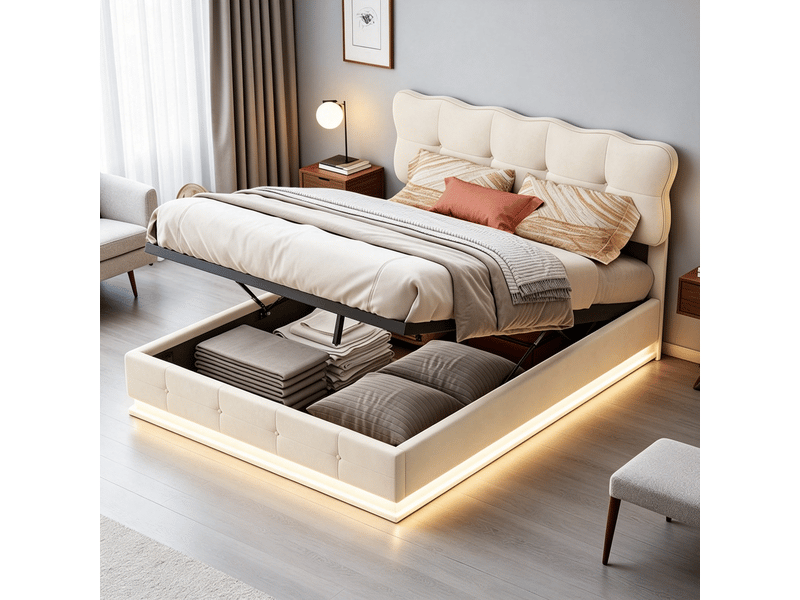  Lit 140x190 cm, rgb led, hydraulique, moderne, cadre de lit double 140x190 cm, velours, beige  - Conforama B