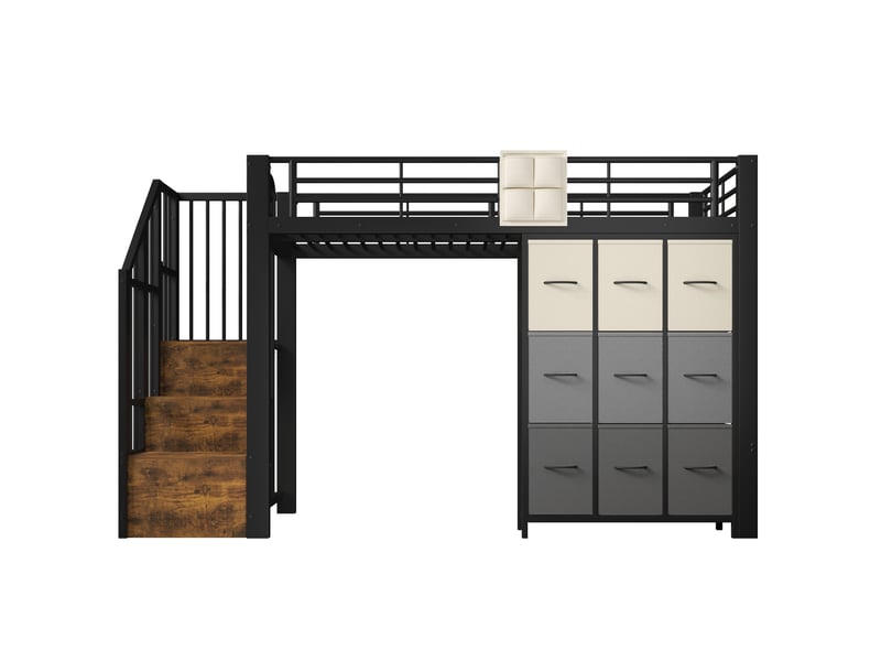 Lit mezzanine 90x200 cm avec tiroirs, lit 1 personne avec penderie et accoudoirs, lit adulte, cadre de lit adulte, noir - Conforama B