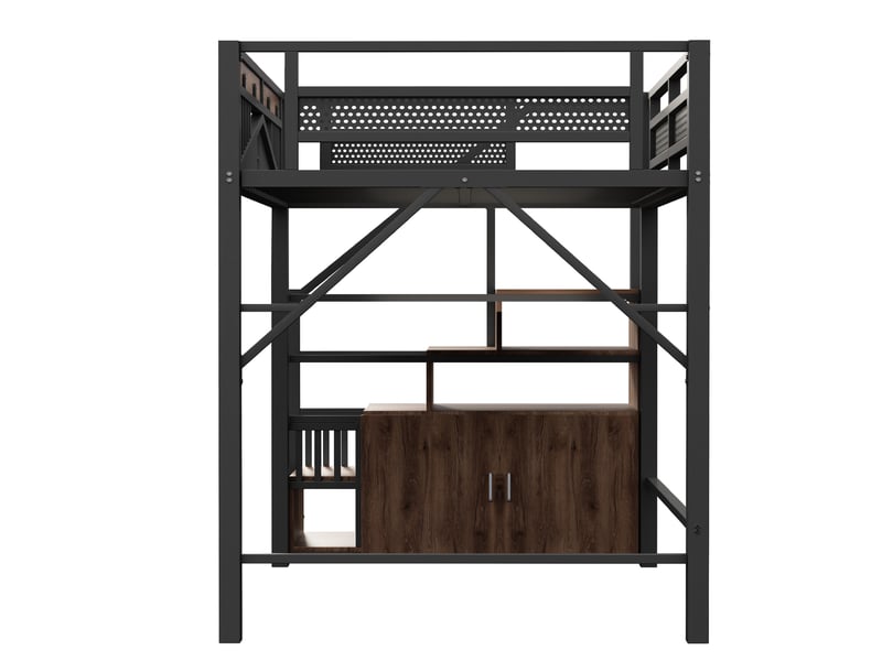  Lit mezzanine 140 x 200 cm marches-coffre garde-corps patchwork fenêtre espace dessous métal et bois noir sans matelas  - Conforama R