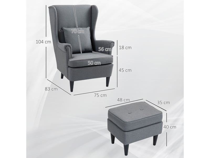  Fauteuil à oreilles avec repose-pieds, fauteuil rembourré avec pieds en bois d'hévéa, revêtement en tissu, gris  - Conforama E