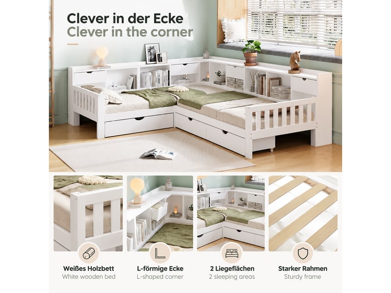  Lit 90x200 cm en bois, structure en l avec 2 couchages, lit enfant avec rangements, étagères périphériques, tiroirs et 3 grands tiroirs, blanc  - Conforama E