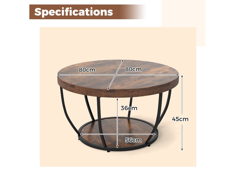  Montage facile - table basse ronde 80 cm, 2 niveaux de rangement, structure métallique, pour salon  - Conforama C