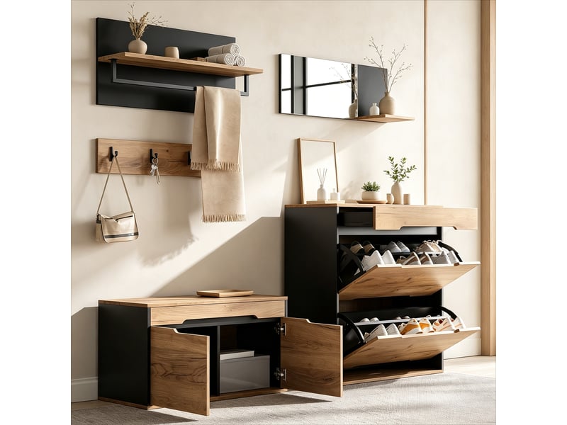 Ensemble meuble d’entrée modulable avec miroir, banc et rangement à chaussures rabattable, 4 patères, noir et bois, 156 x 36 x 176 cm - Conforama B