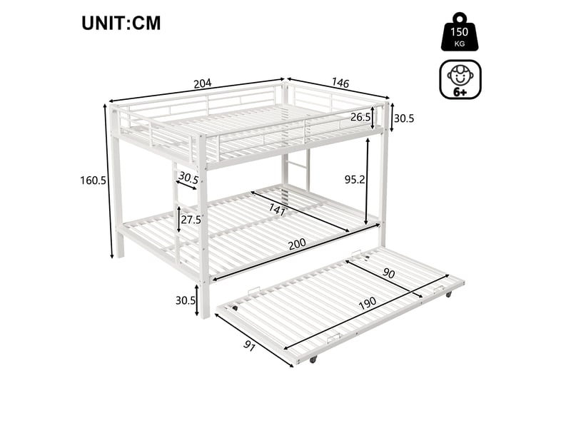  Lit superposé gigogne enfant 140x200 cm en métal avec lit tiroir 90x190 cm, barrières de sécurité, lit extensible gain de place - blanc  - Conforama C