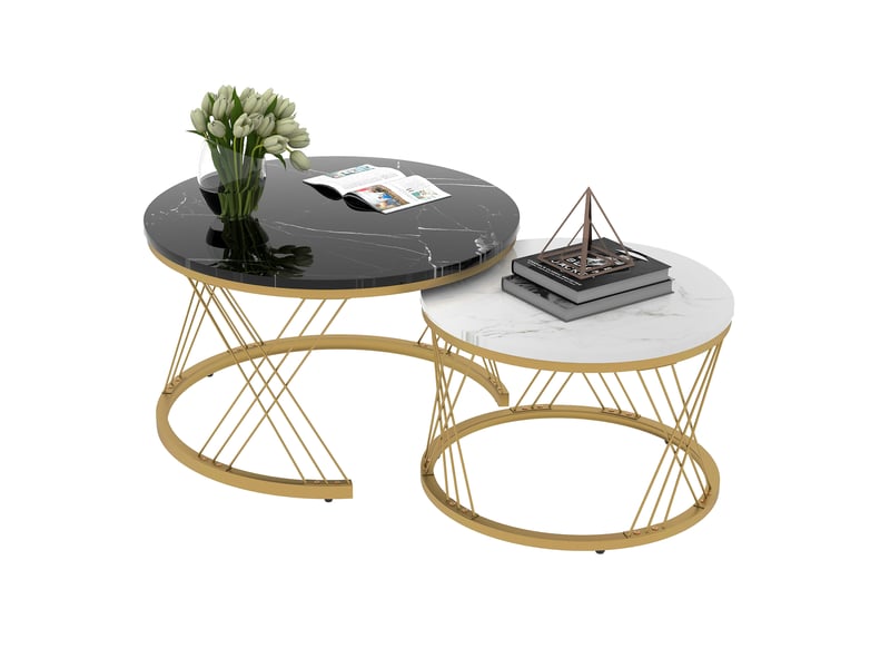  Ensemble de 2 tables basses gigognes modernes, en placage marbre, style gigogne, rondes, avec cadre doré.  - Conforama A