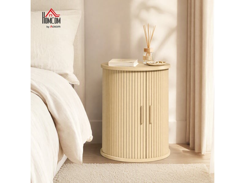  Chevet table d'appoint design rond effet bois clair rainuré 2 portes coulissantes étagère  - Conforama D