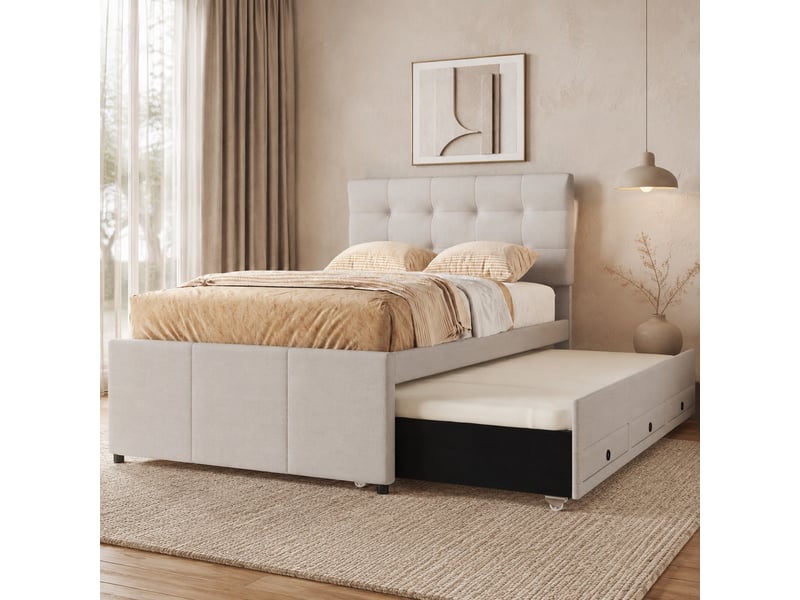  Lit 1 place avec lit gigogne, 3 tiroirs et tête de lit réglable 90 x 200 cm beige  - Conforama B