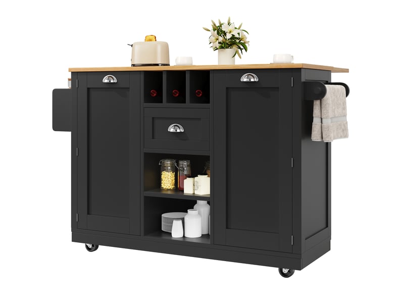 Desserte cuisine, îlot central sur roulettes avec plan de travail, plateau extensible, 1 tiroir, 2 portes, dimensions 140 x 40 x 93,5 cm, mdf, noir - Conforama A