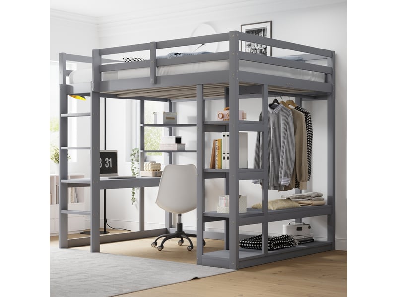  Lit mezzanine 140x200 cm avec bureau et étagère, lit enfant avec étagère de rangement, gris, lit double en bois massif  - Conforama D