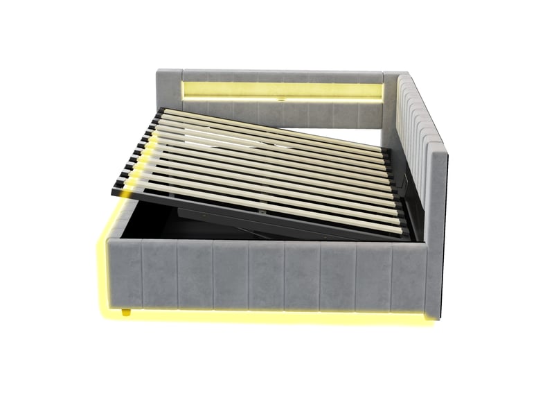  Litcanapé-lit capitonné 140x200, avec rangement hydraulique, éclairage led et port de chargement usb, avec dossier, tête de lit et cadre de lit robuste, tissu velours gris clair  - Conforama E
