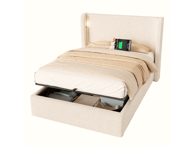  Lit coffre enfant en tissu bouclé 90x200 cm avec rangement hydraulique, sommier à lattes, tête de lit et led, avec ports usb et usb-c - beige  - Conforama A