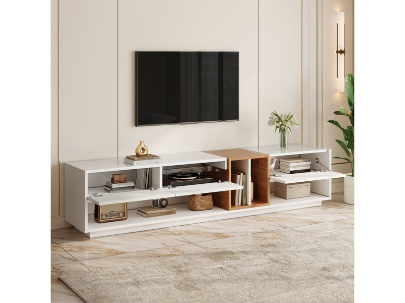  Meuble tv blanc 190x38x42cm rangement portes led application brillant panneau de particules salon rangement pratique usage quotidien  - Conforama C