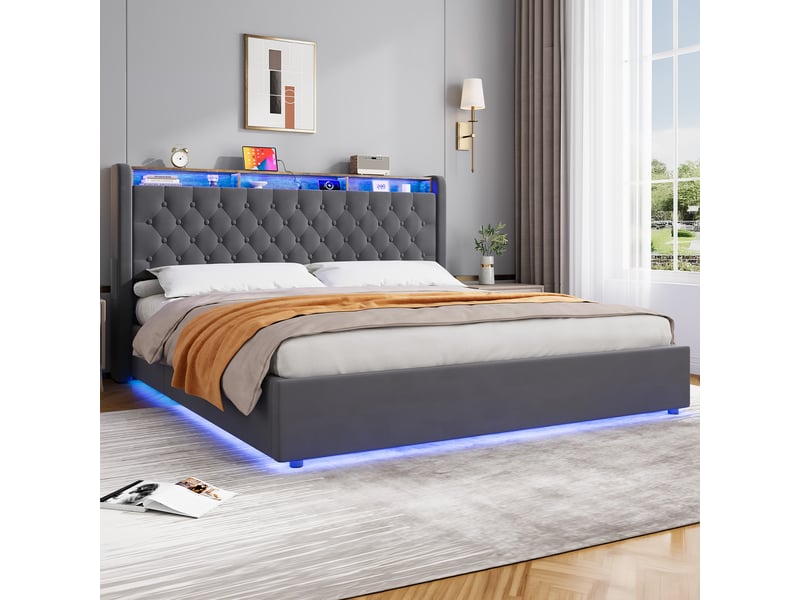  Lit coffre rembourré ulevr 180 x 200 cm avec tête de lit pliable à rangement, velours gris foncé  - Conforama D