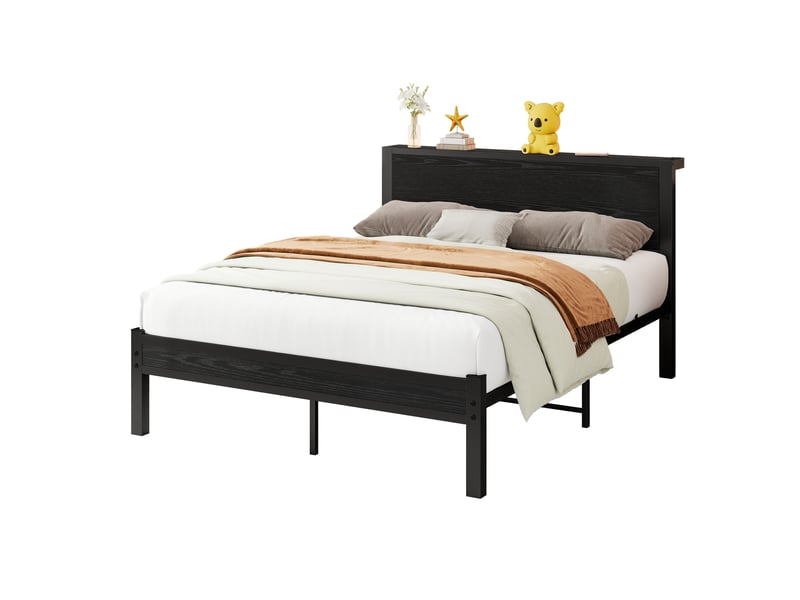  Lit simple 120 × 200 cm avec tête de lit à rangement, sans matelas, en mdf et métal, noir  - Conforama A