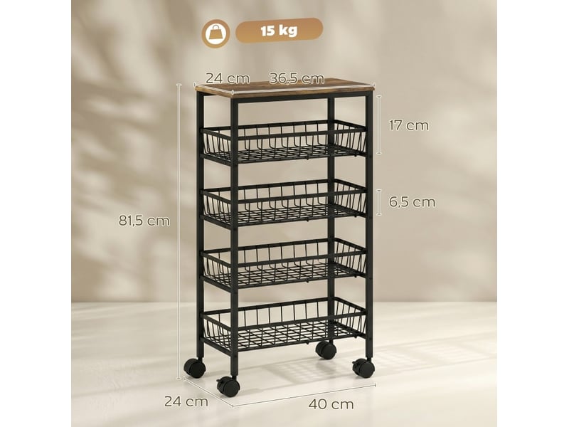  Desserte de cuisine 4 niveaux marron rustique et noir, 4 paniers coulissants sur roulettes avec freins  - Conforama C