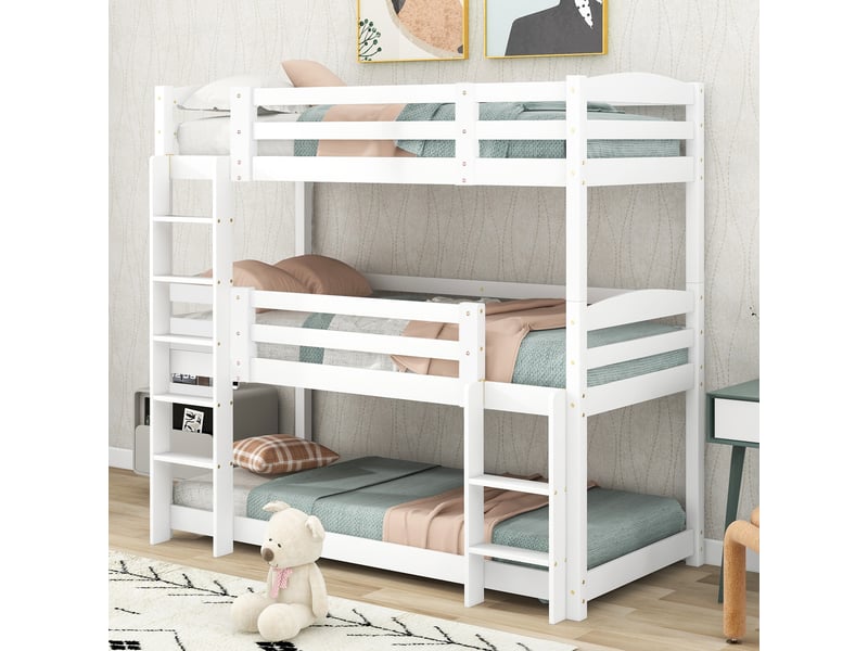 Lit superposé 3 places en bois blanc, lit enfant 90x200 cm séparable avec barrières de sécurité et échelles, sans matelas - Conforama R