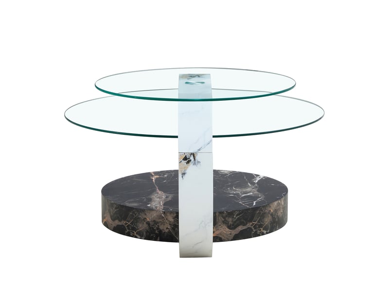  Table basse à 2 plateaux ronds en verre de sécurité, structure mdf aspect marbre, style moderne, pour salon, blanc et noir  - Conforama A