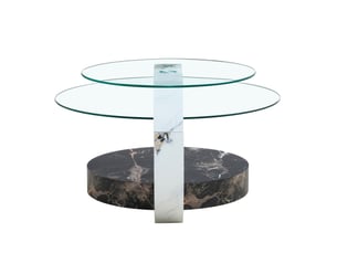 Table basse à 2 plateaux ronds en verre de sécurité, structure mdf aspect marbre, style moderne, pour salon, blanc et noir