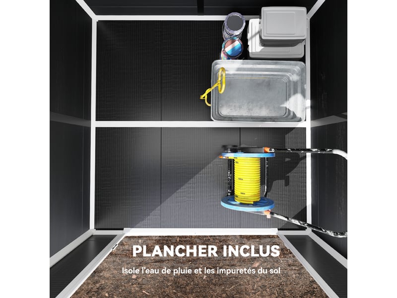  Abri de jardin en résine 3,3 m² avec plancher intégré, double porte, fenêtres, gris  - Conforama R