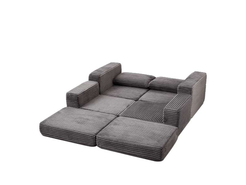  Canapé-lit 2-en-1 en velours côtelé, 2 coussins, accoudoirs carrés, repose-pieds amovible, canapé modulable flexible  - Conforama E