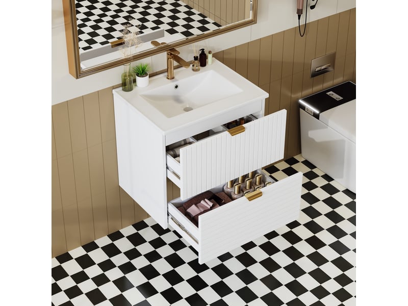 Meuble lavabo suspendu 61x46x57 cm avec 2 tiroirs mdf blanc - Conforama W