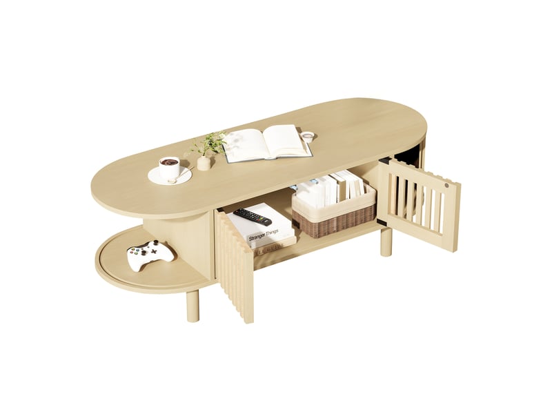  Table basse ovale bois clair 100 x 40 x 38 cm, 2 portes à rideau, pieds en bois massif  - Conforama E
