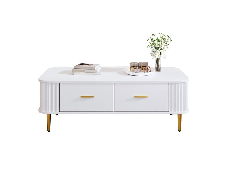  Table basse à tiroirs, angles arrondis, table de salon aux côtés ondulés, poignées et pieds dorés, table d'appoint  - Conforama A