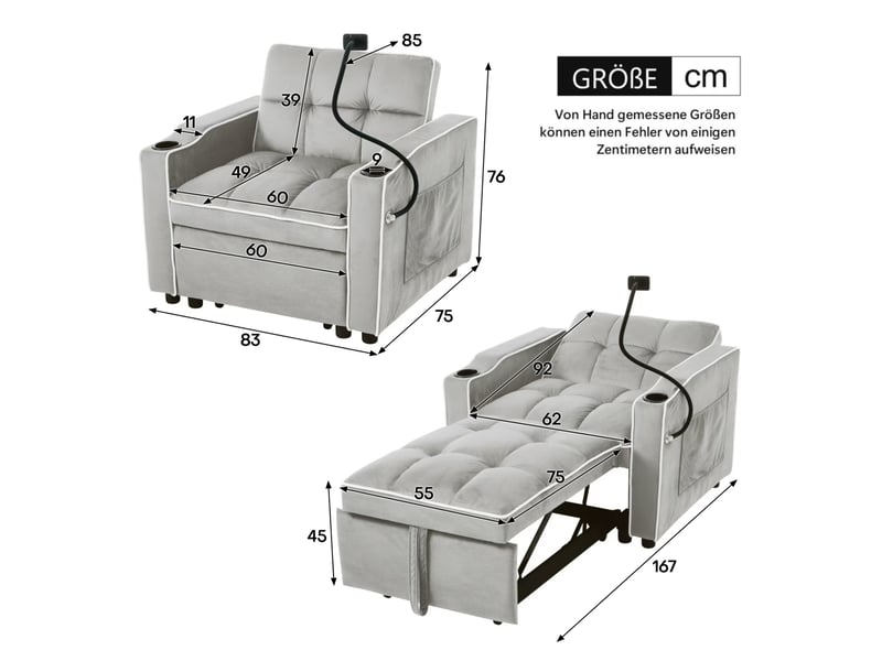 Fauteuil-lit modenvie convertible 3-en-1 en velours gris 83 x 167 x 76 cm - Conforama C