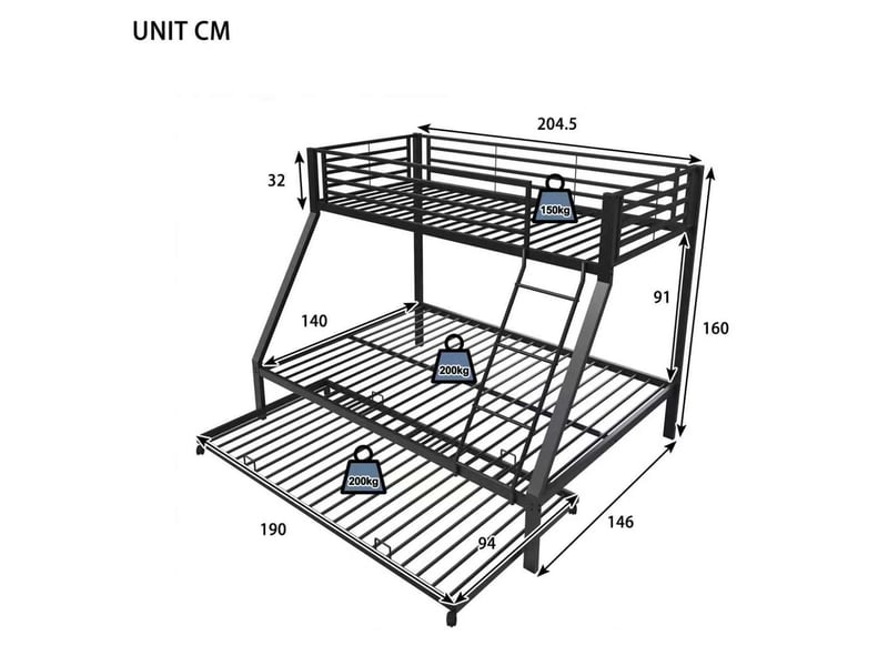  Lit superposé gigogne fermé 204,5x146x160 cm, 3 couchages, échelle inclinée, garde-corps anti-chute, fer noir, sans matelas  - Conforama C