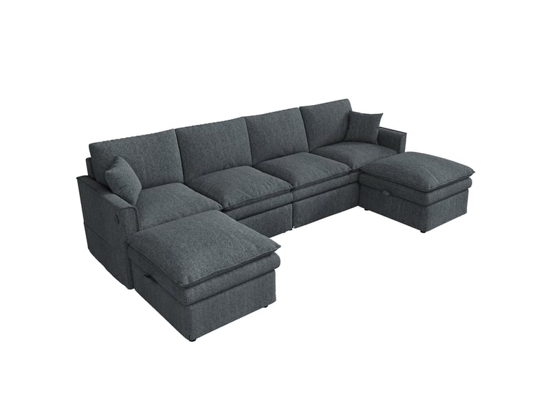  Canapé panoramique modulable 6 places avec rangements et ports usb type c, en coton-lin gris, 277 × 135 × 80 cm  - Conforama A